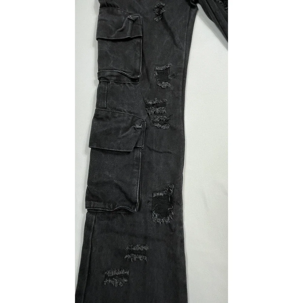 🔥 Rockstar Original Boys Sz 14 Black Distressed Cargo Jeans Raw Hem -Streetwear